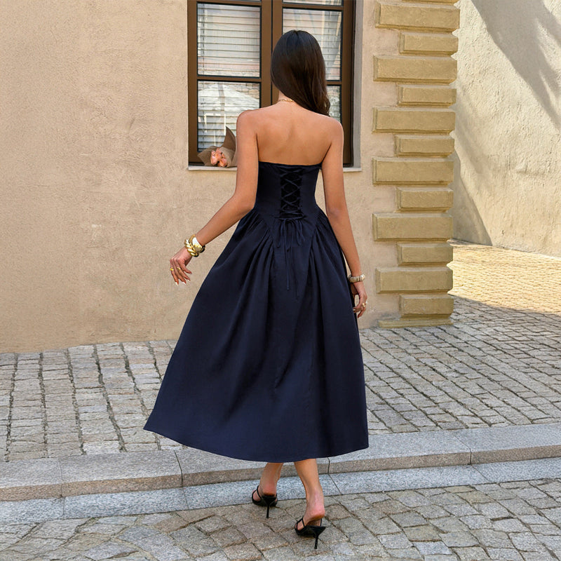 Retag Thrift Store Dark Blue Midi Dress – Sleeveless Design, Slim-Fit Waist, A-Line Silhouette