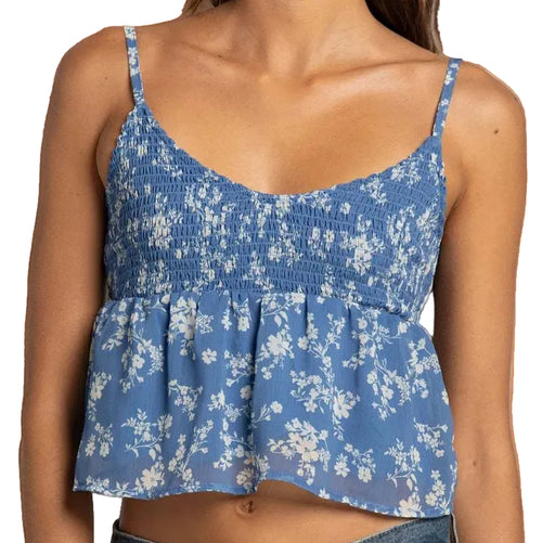 Retag Thrift Store Floral Pattern Spaghetti Strap Crop Top – Blue