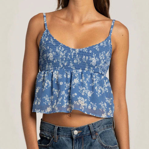 Retag Thrift Store Floral Print Cropped Camisole Top – Slim Fit, Blue