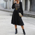 Retag Thrift Store Long-Sleeve Midi Dress – Square Neckline, A-Line Silhouette, Black