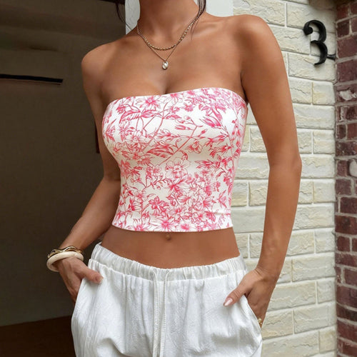 Retag Thrift Store Retro Floral Print Tank Top – Slim Fit, White and Pink