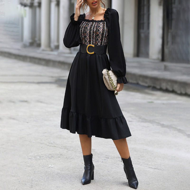 Retag Thrift Store Square-Neck A-Line Midi Dress – Long Sleeve, Black