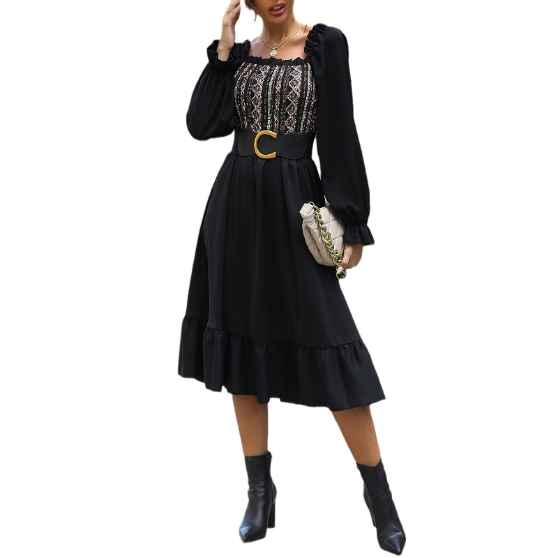 Retag Thrift Store Women's Square-Neck Midi Dress – Flared A-Line Fit, Long Sleeve, Black